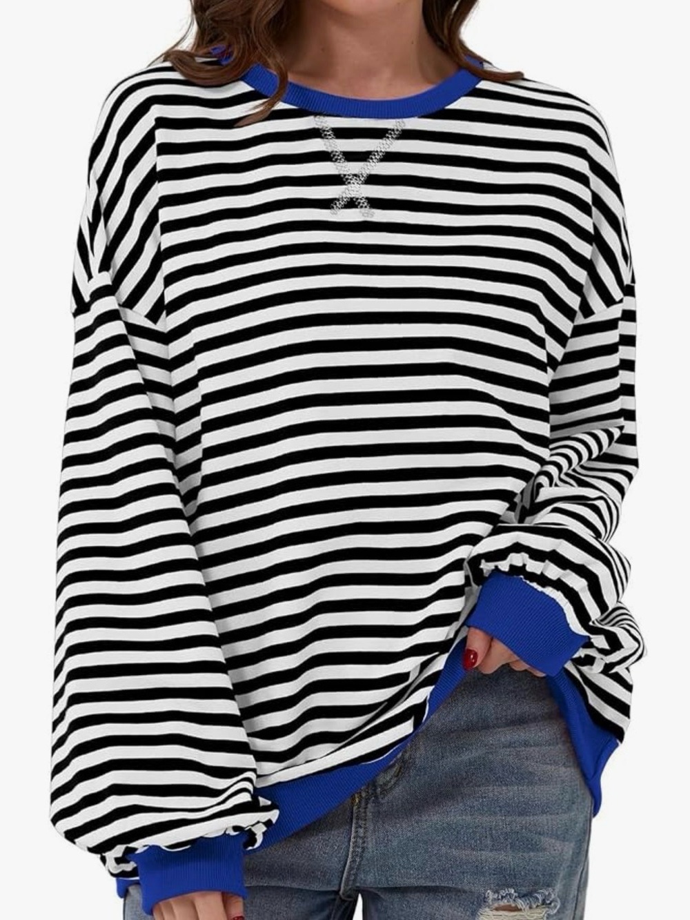 Striped Black & White Pullover Top with Blue Trim